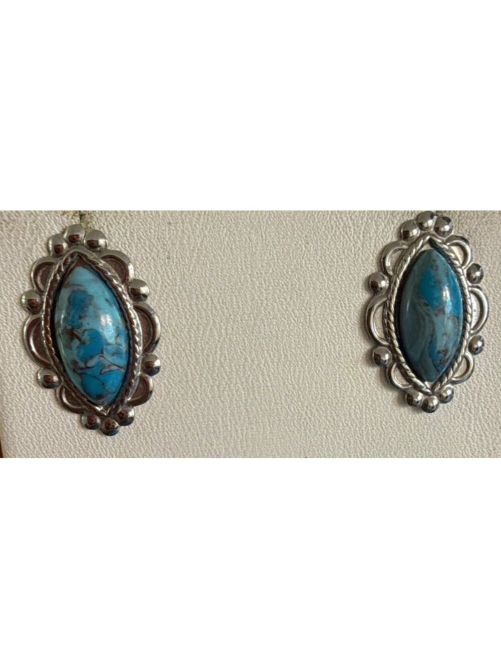 Silver Tone Faux Turquoise Cabochon Stud Earrings Diamond Shaped Lightweight 1"